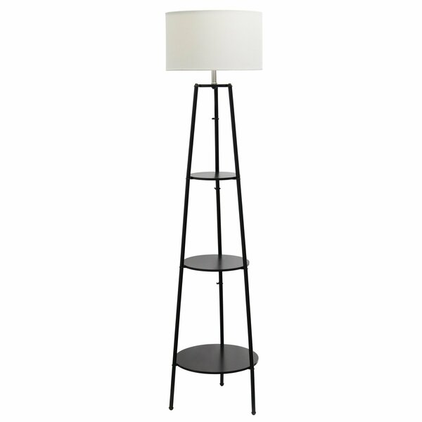 Simple Designs 62.5in Modern Tripod 3 Tier Shelf Standing Floor Lamp, White Drum Fabric Shade, Black LF2015-BLK